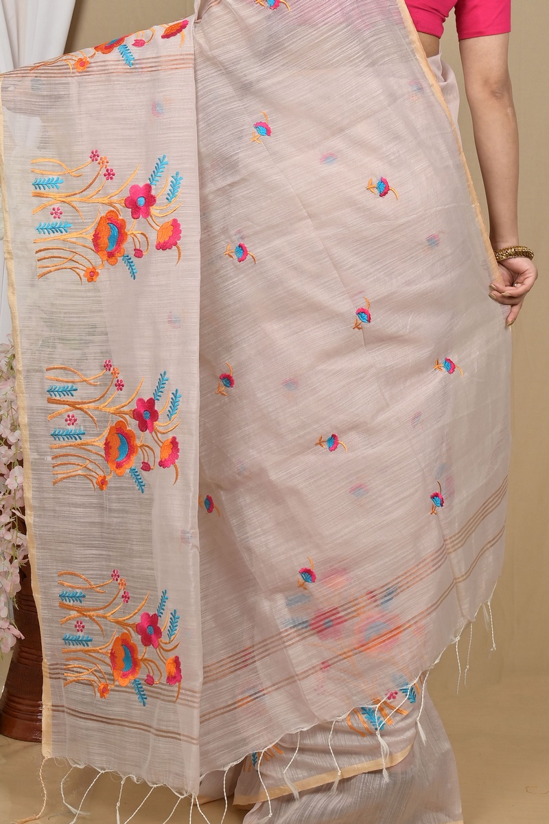 Smoke Grey Blended Cotton Himika Embroidery Handloom saree (2125)