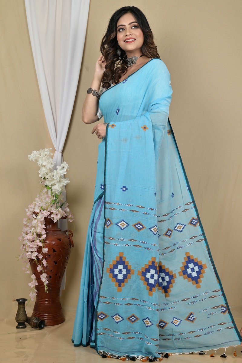 Sky Blue Pure Cotton Hitaashi Hand Loom Saree (2126)