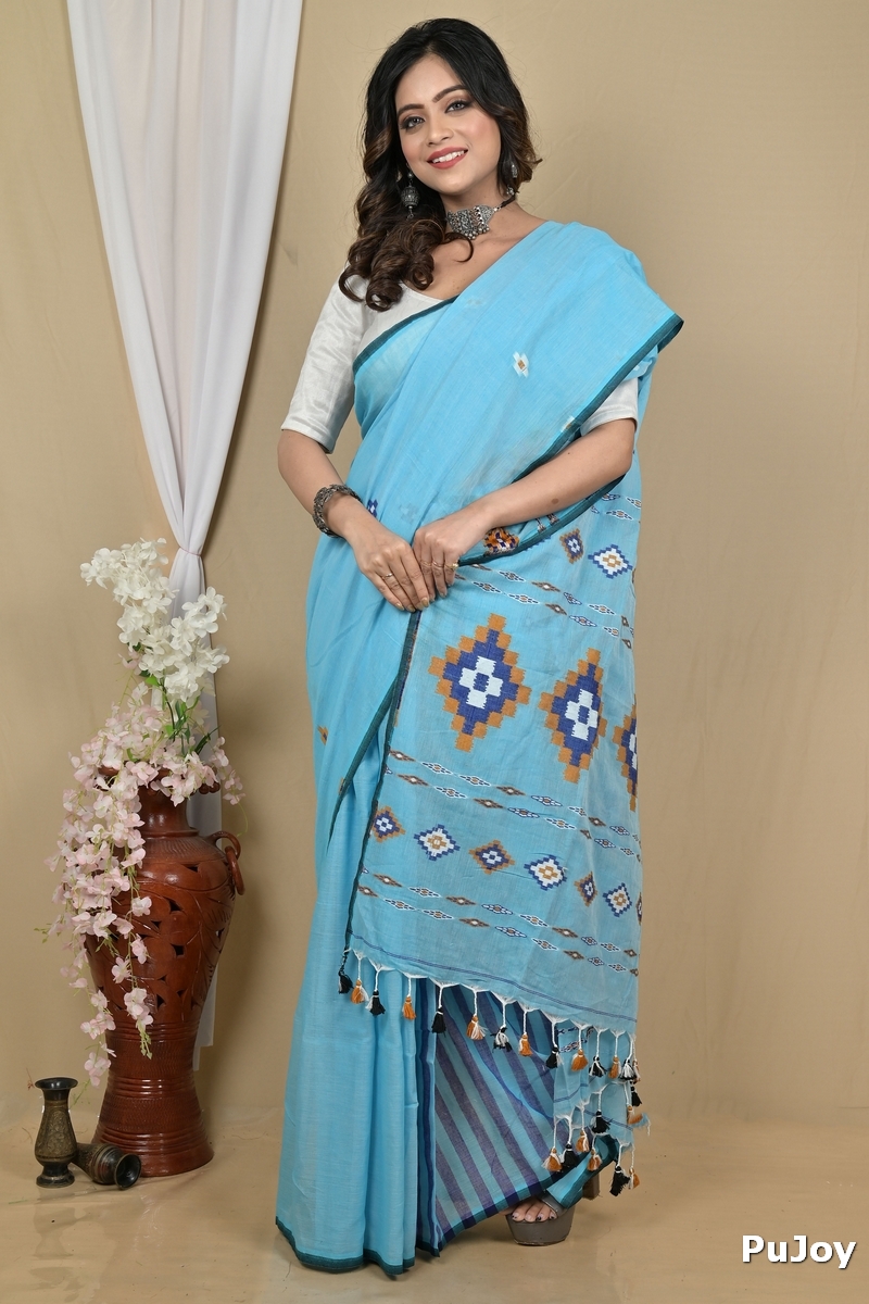 Sky Blue Pure Cotton Hitaashi Hand Loom Saree (2126)