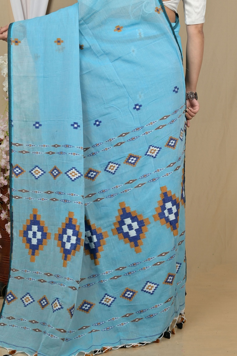 Sky Blue Pure Cotton Hitaashi Hand Loom Saree (2126)