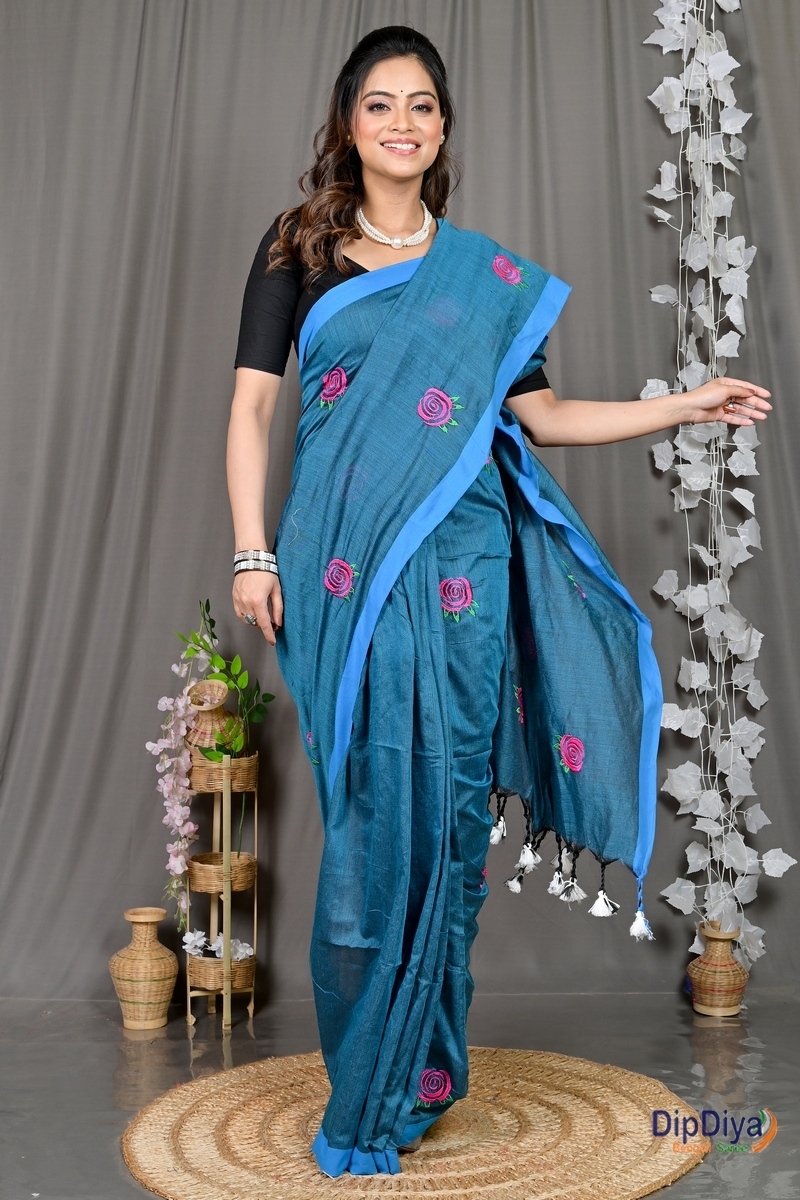 Cobalt Blue Pure Cotton Parag Embroidery Handloom saree (213)