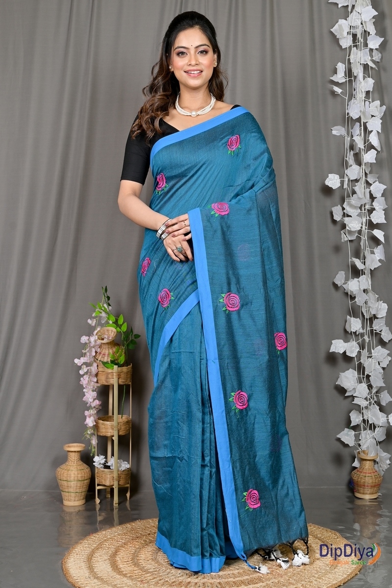 Cobalt Blue Pure Cotton Parag Embroidery Handloom saree (213)