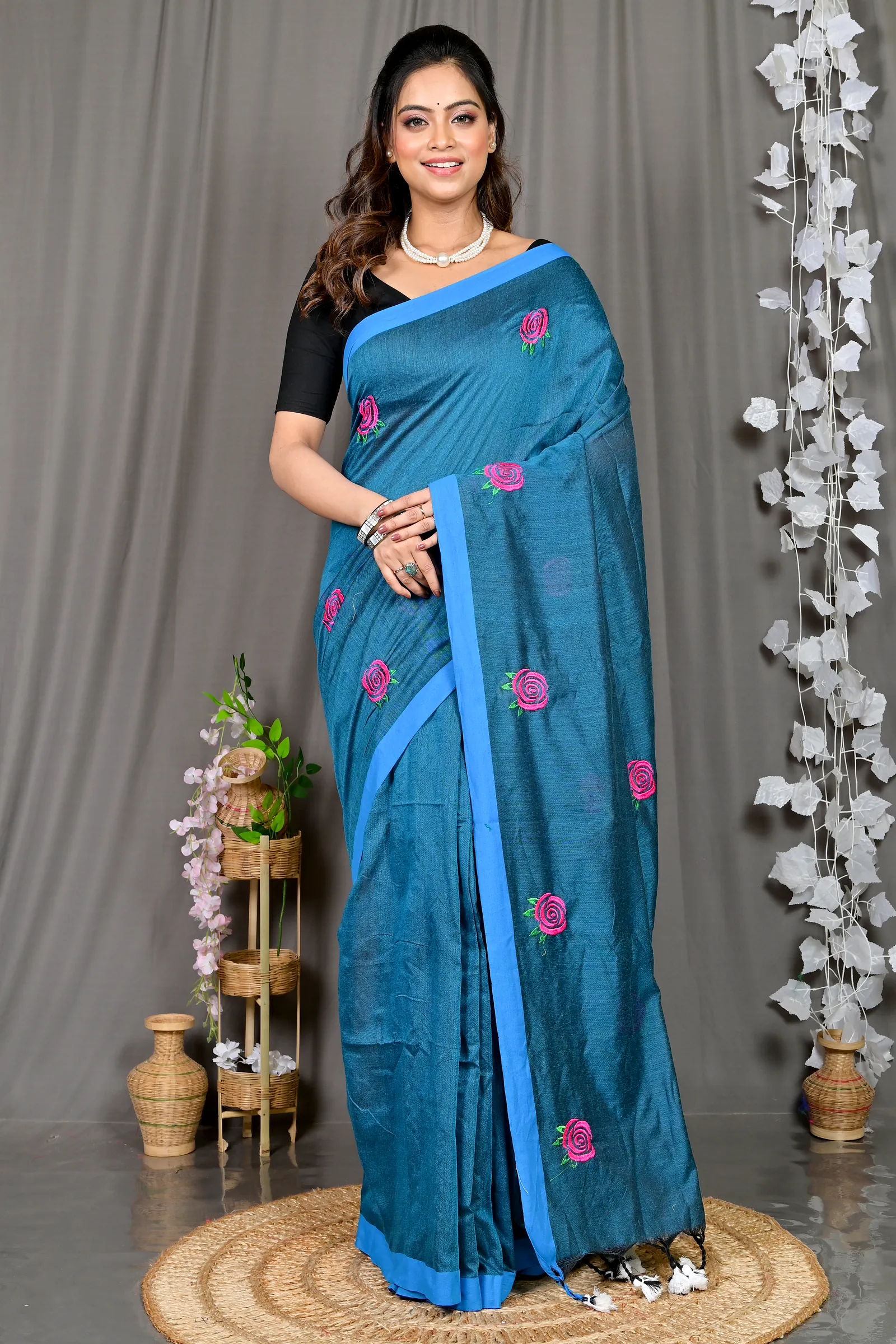 Cobalt Blue Pure Cotton Parag Embroidery Handloom saree (213)