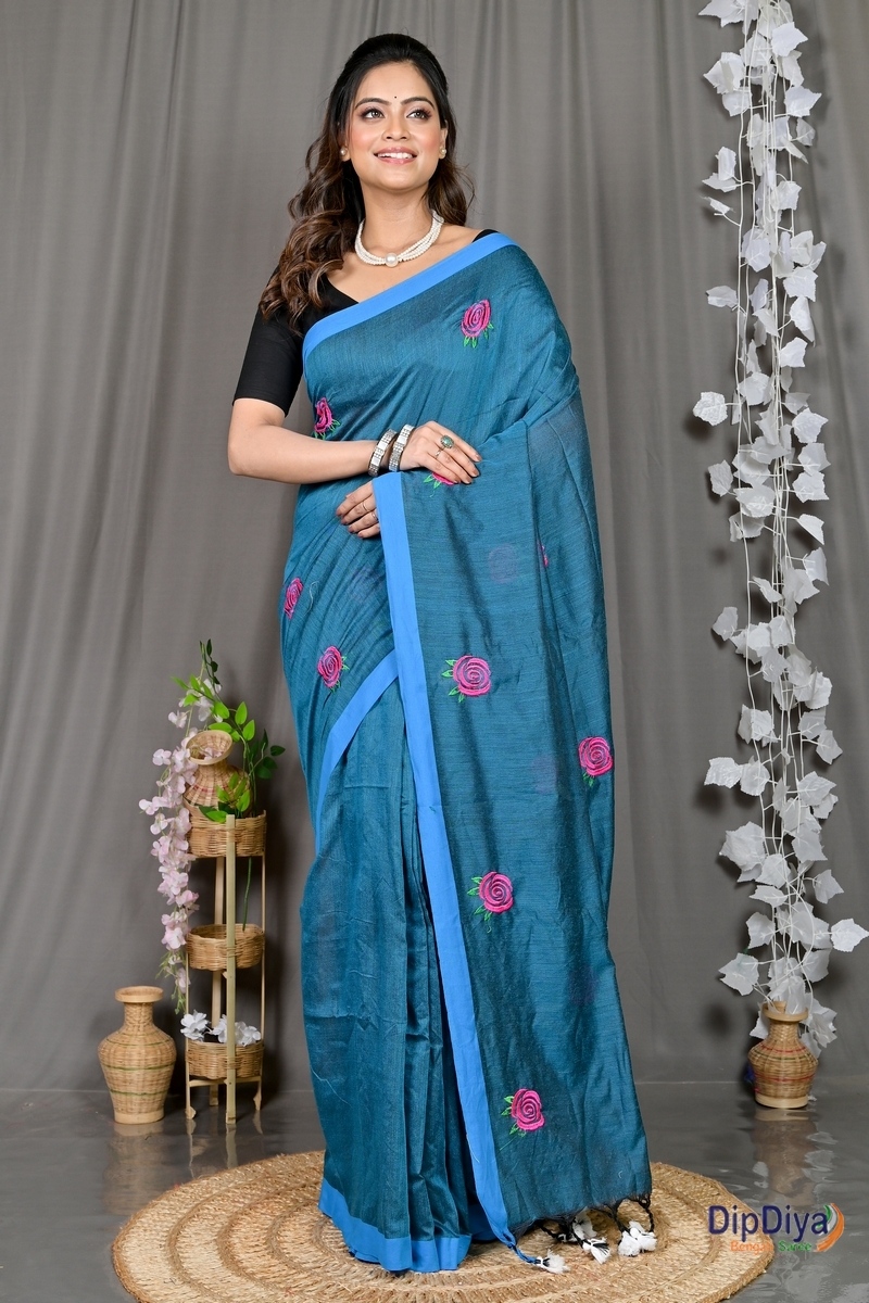 Cobalt Blue Pure Cotton Parag Embroidery Handloom saree (213)