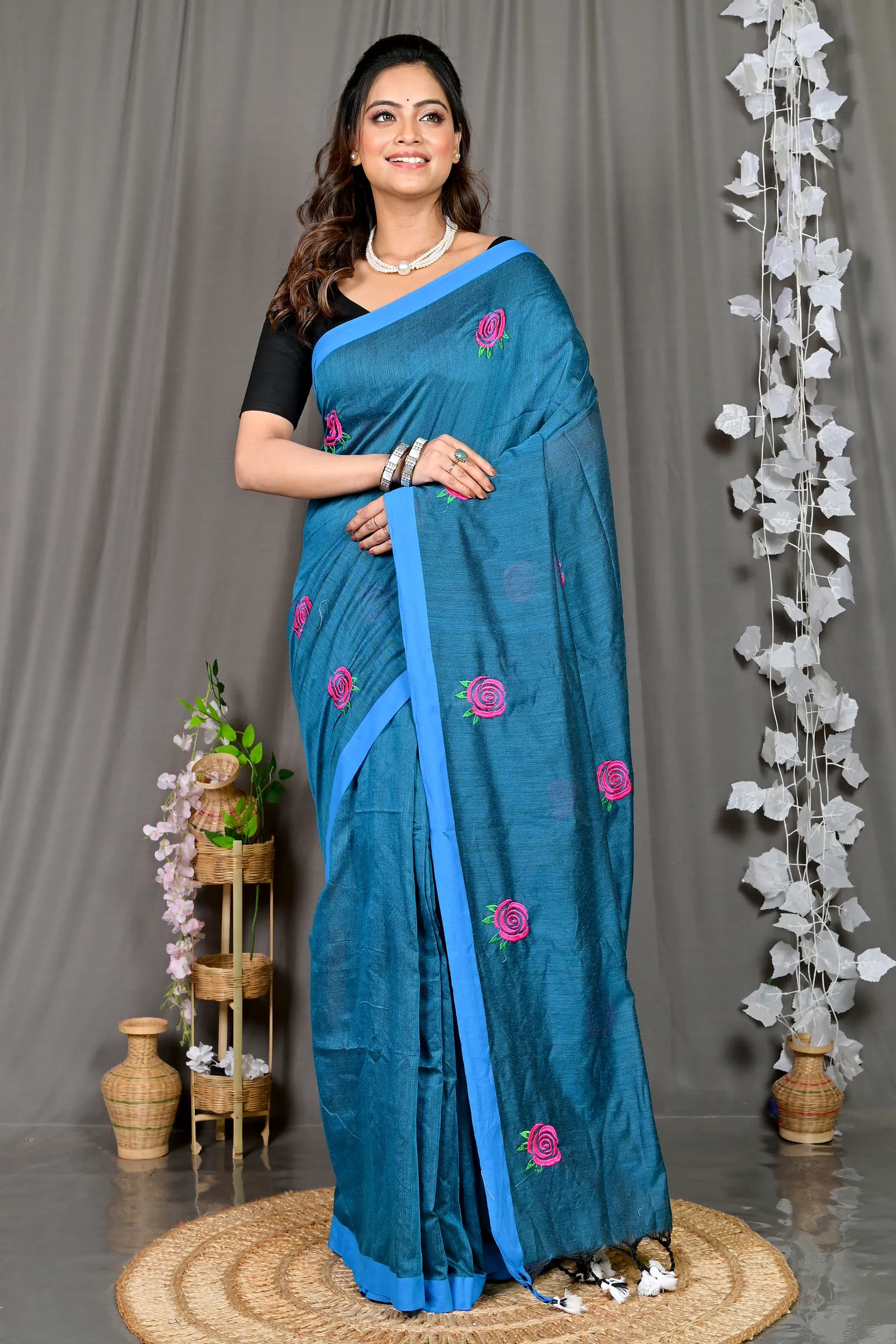 Cobalt Blue Pure Cotton Parag Embroidery Handloom saree (213)