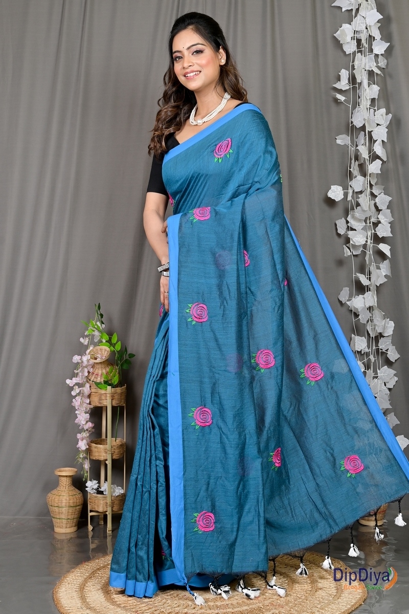 Cobalt Blue Pure Cotton Parag Embroidery Handloom saree (213)