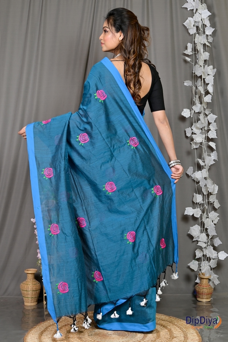 Cobalt Blue Pure Cotton Parag Embroidery Handloom saree (213)