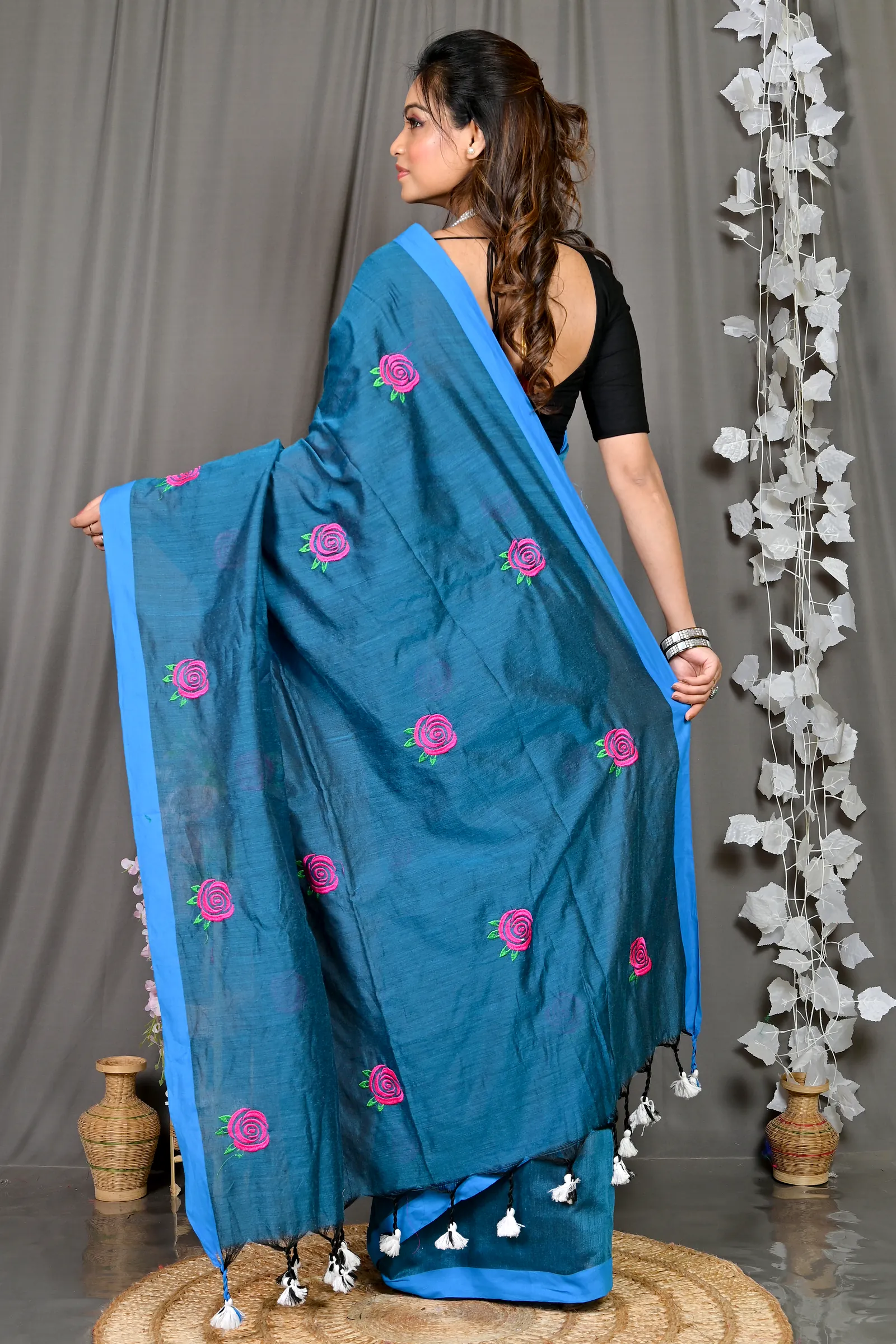 Cobalt Blue Pure Cotton Parag Embroidery Handloom saree (213)