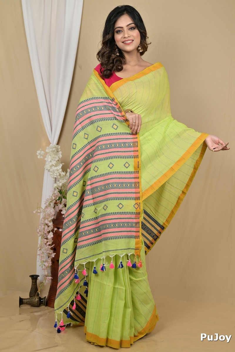 Green Pure Cotton Hima Hand Loom Saree (2130)