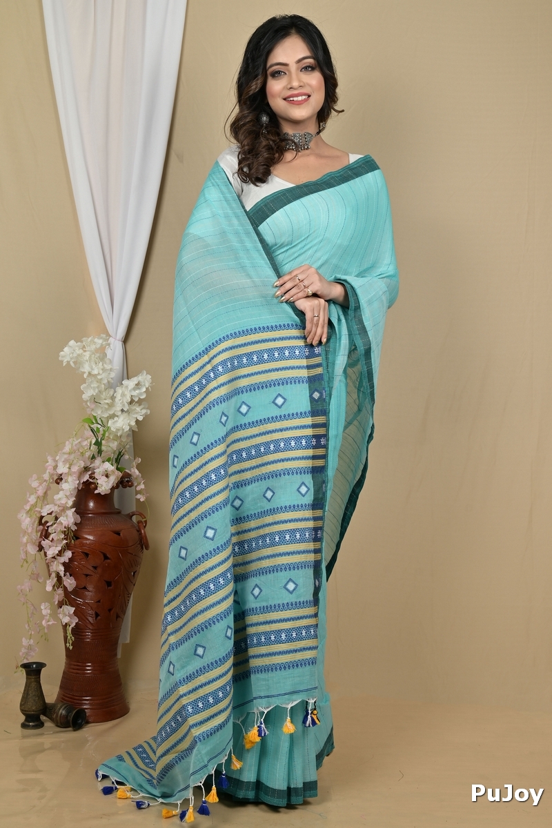 See Green Pure Cotton Hima Hand Loom Saree (2132)