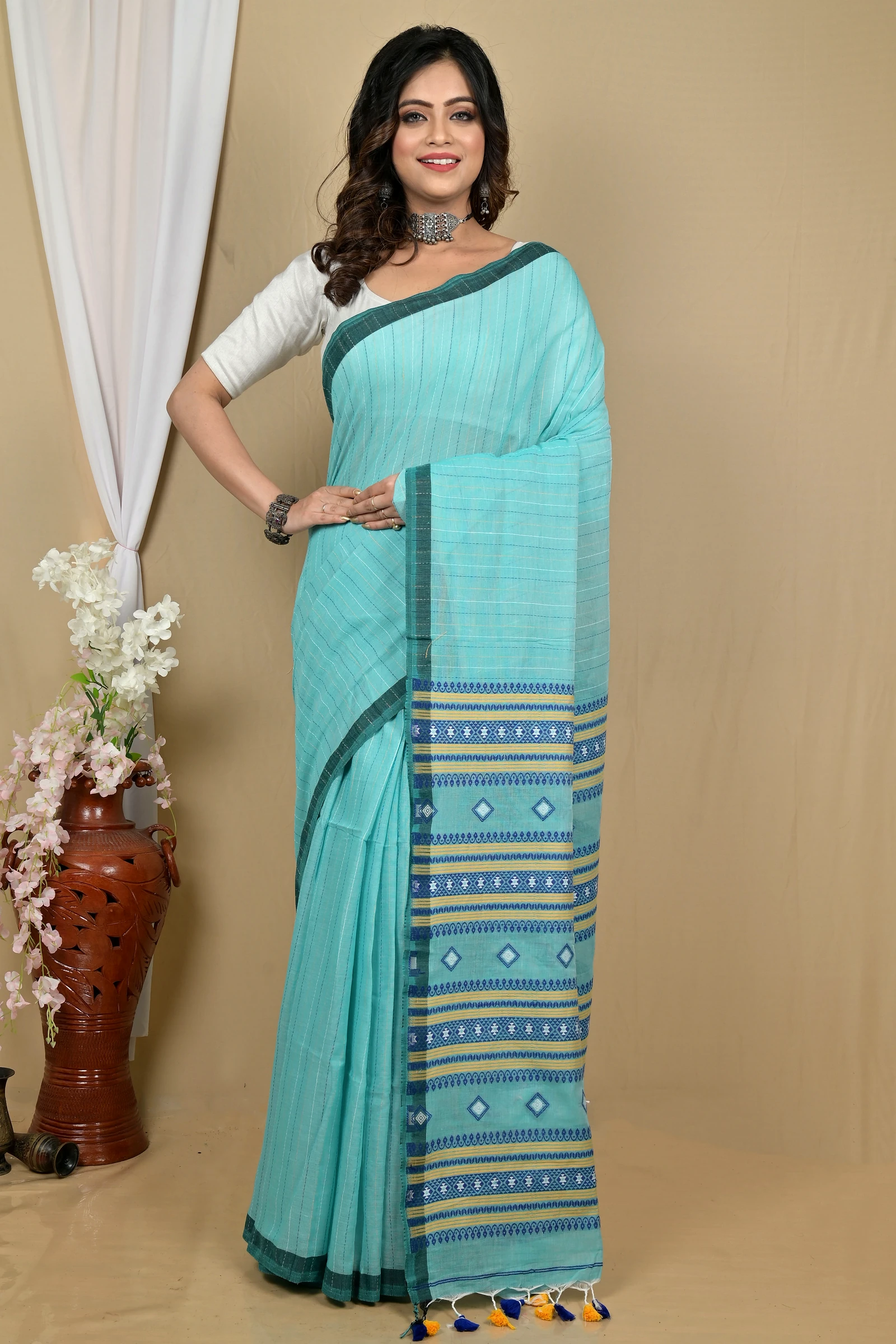 See Green Pure Cotton Hima Hand Loom Saree (2132)