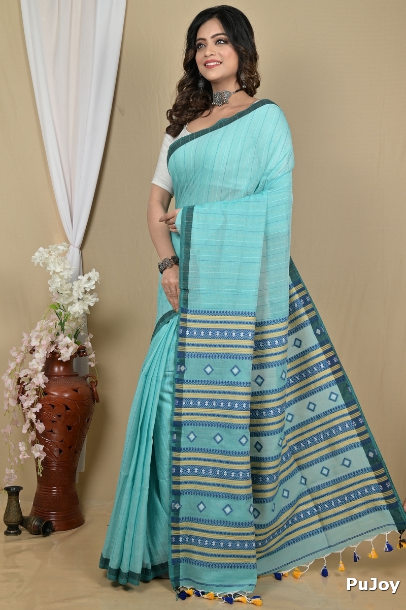 See Green Pure Cotton Hima Hand Loom Saree (2132)