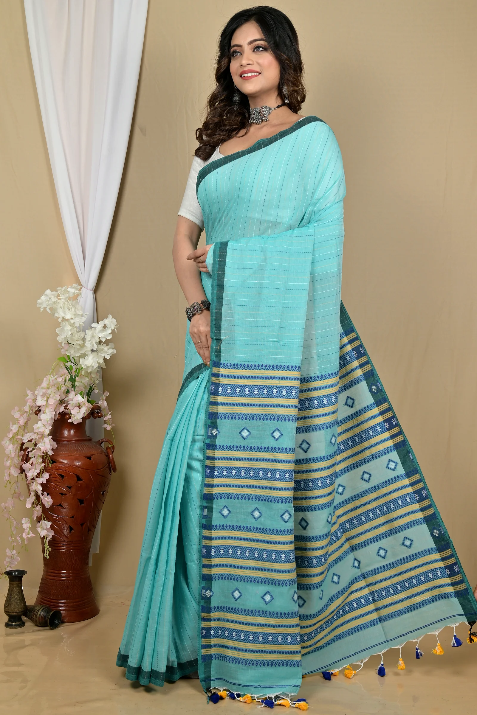 See Green Pure Cotton Hima Hand Loom Saree (2132)