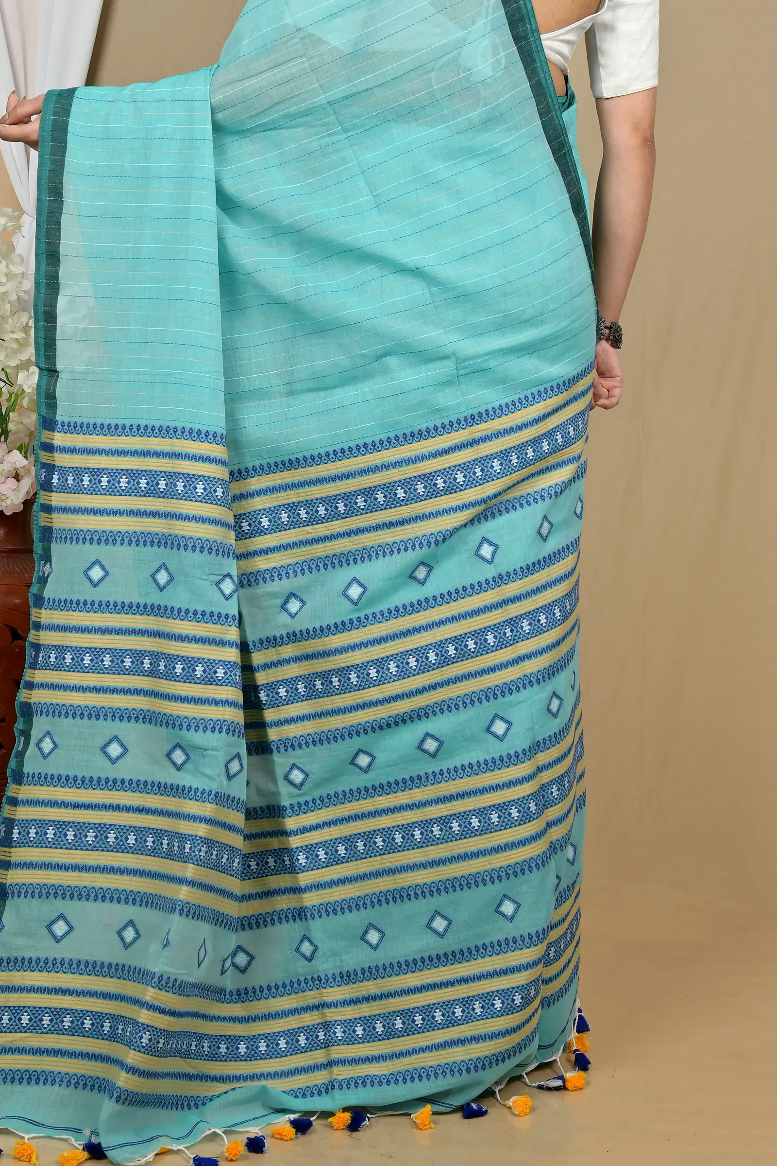 See Green Pure Cotton Hima Hand Loom Saree (2132)
