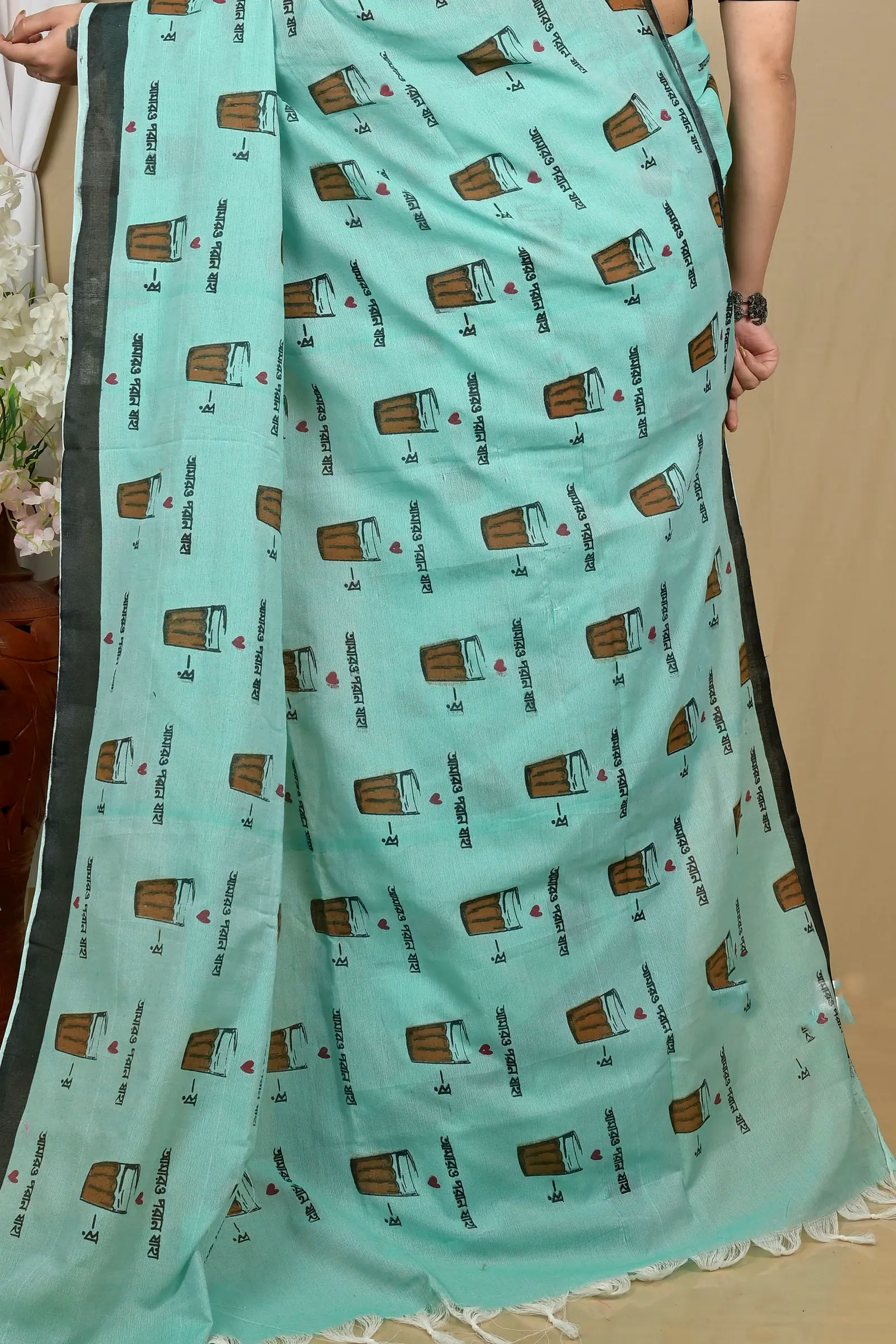 See Green Pure Cotton Pinal Printed Handloom Saree (2133)