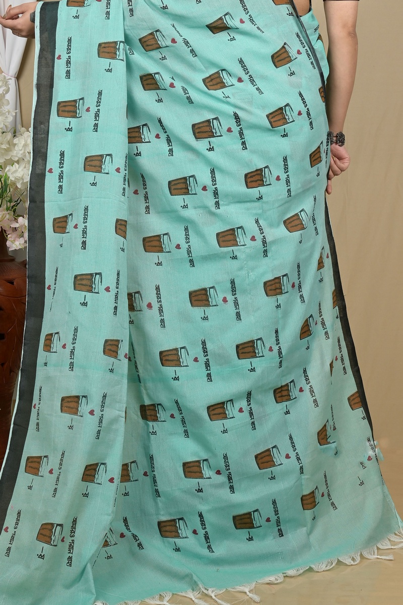 See Green Pure Cotton Pinal Printed Handloom Saree (2133)