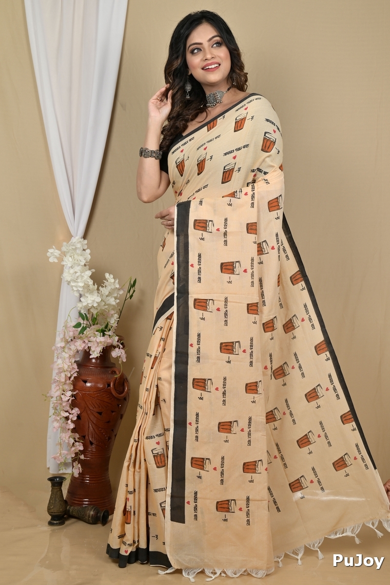Peach Pure Cotton Pinal Printed Handloom Saree (2135)