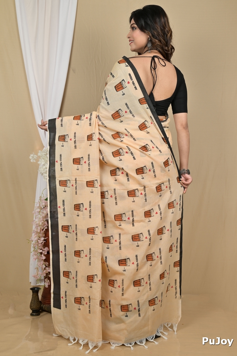 Peach Pure Cotton Pinal Printed Handloom Saree (2135)