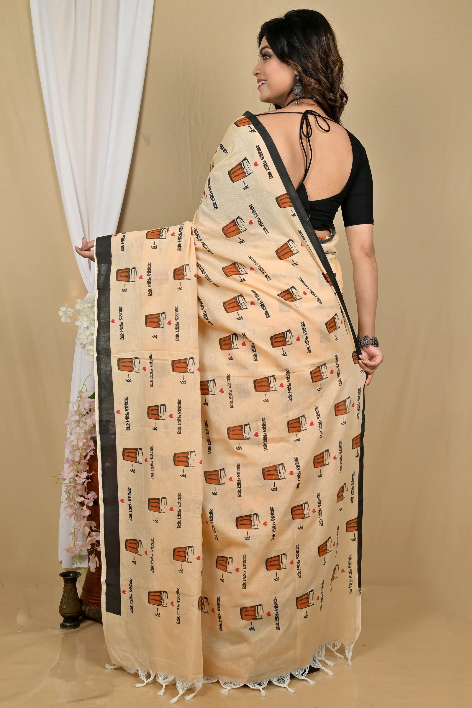 Peach Pure Cotton Pinal Printed Handloom Saree (2135)