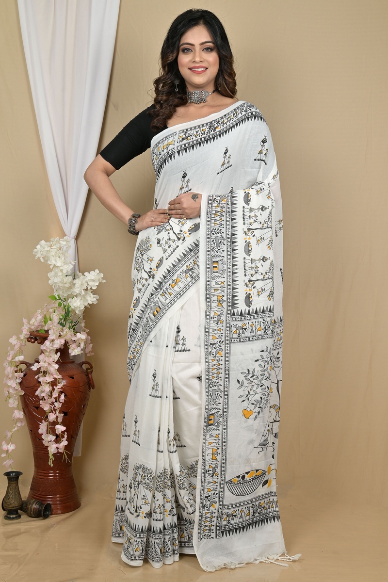 White Pure Cotton Pinal Printed Handloom Saree (2138)