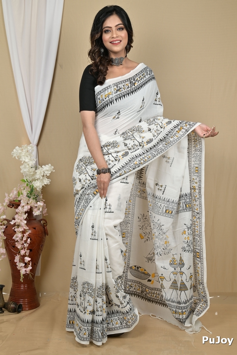 White Pure Cotton Pinal Printed Handloom Saree (2138)