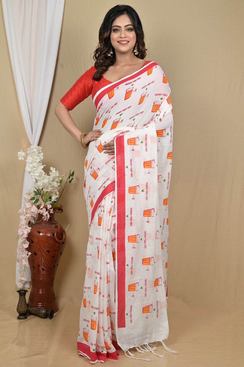 White Red Pure Cotton Pinal Printed Handloom Saree (2139)