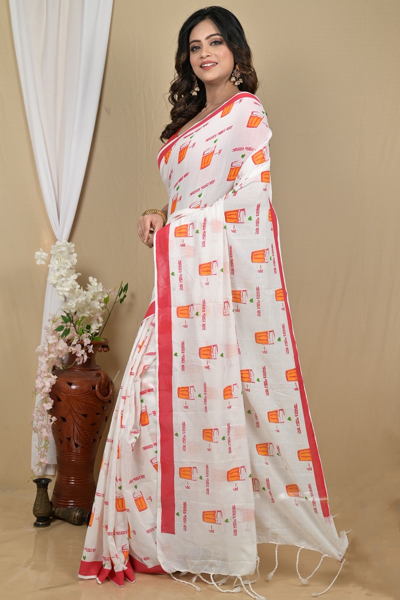 White Red Pure Cotton Pinal Printed Handloom Saree (2139)