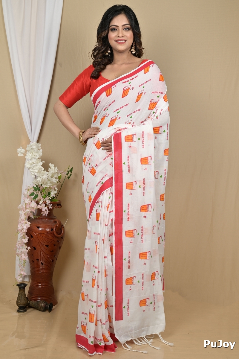 White Red Pure Cotton Pinal Printed Handloom Saree (2139)