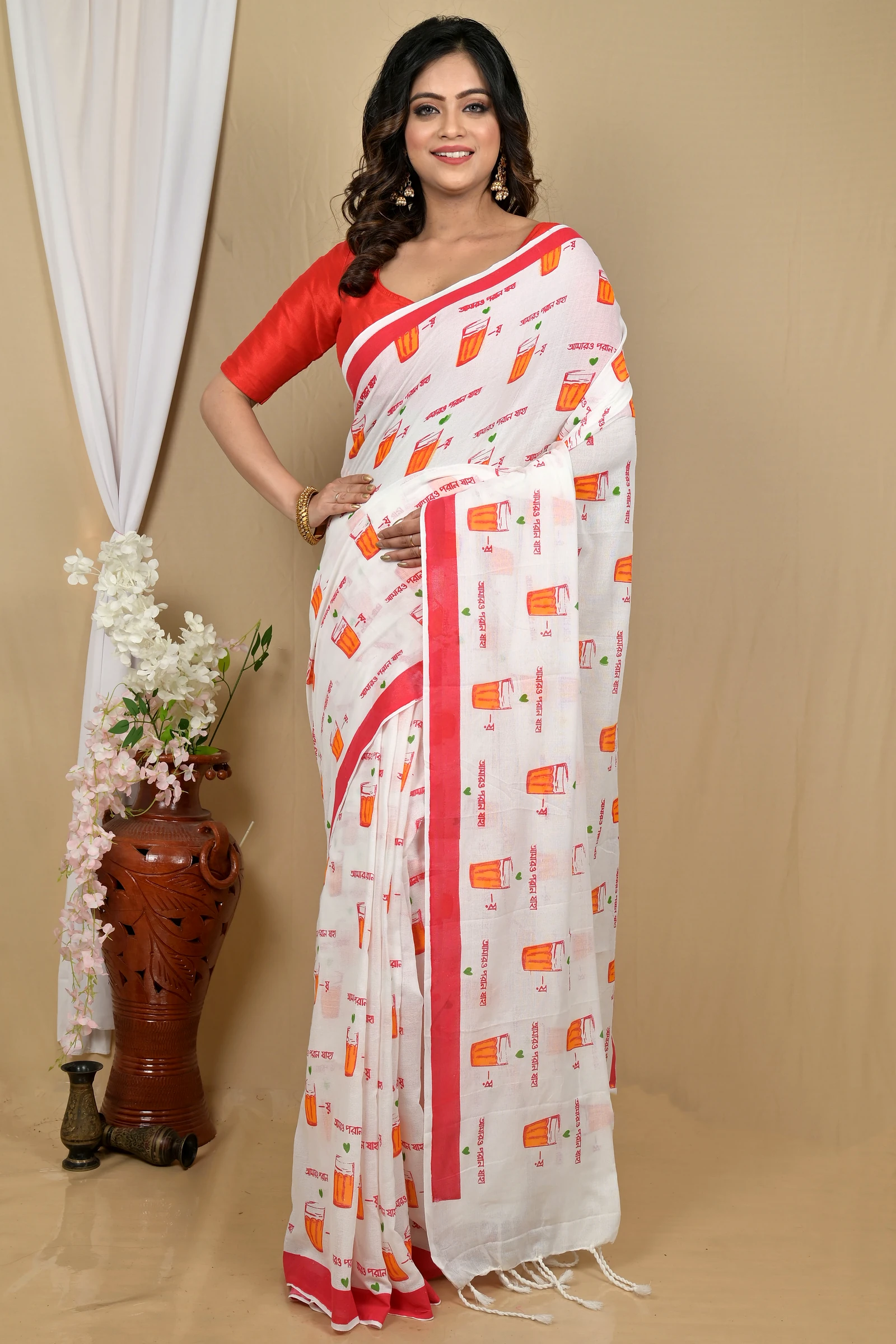 White Red Pure Cotton Pinal Printed Handloom Saree (2139)