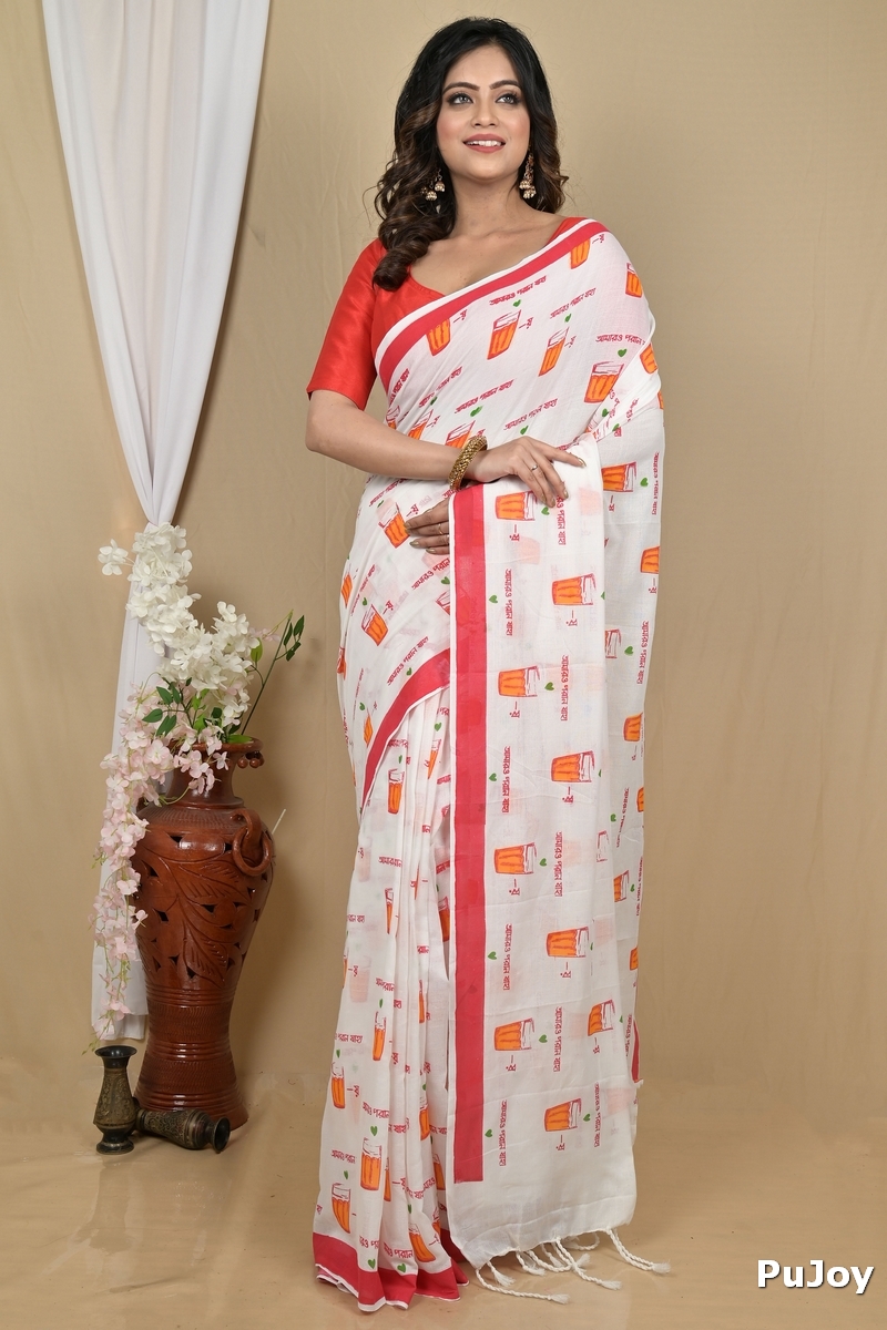 White Red Pure Cotton Pinal Printed Handloom Saree (2139)