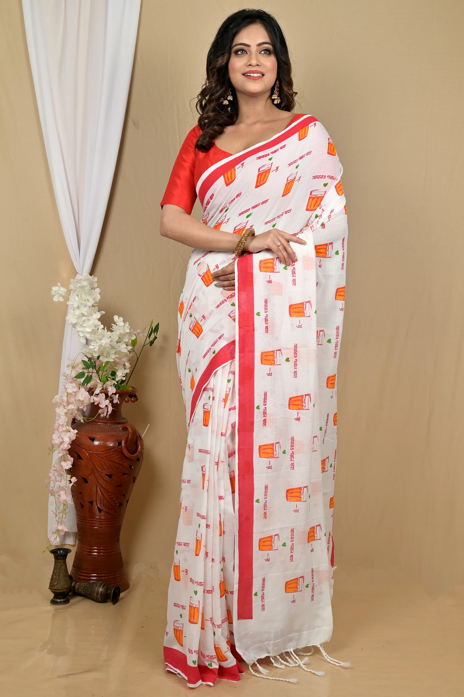 White Red Pure Cotton Pinal Printed Handloom Saree (2139)