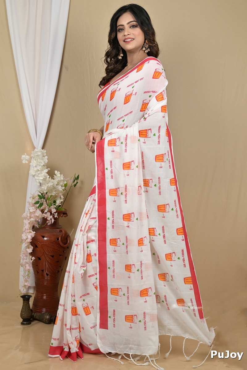 White Red Pure Cotton Pinal Printed Handloom Saree (2139)