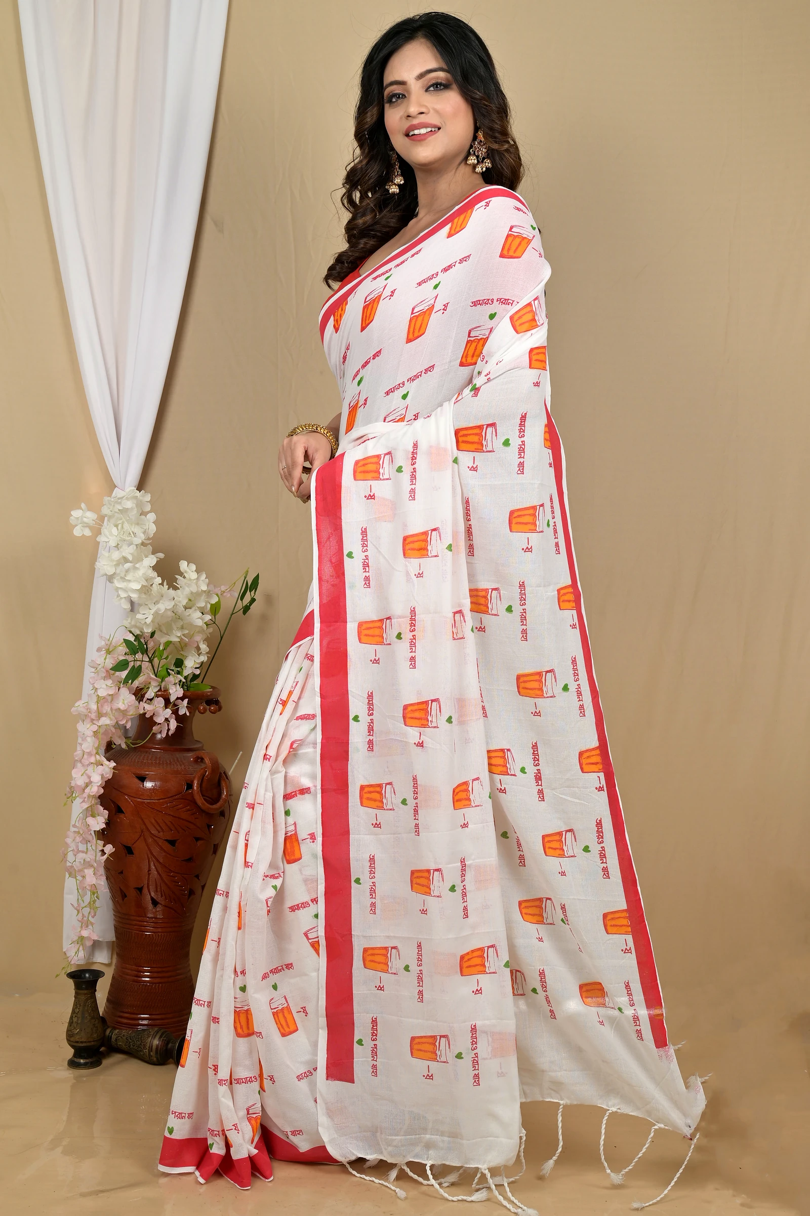 White Red Pure Cotton Pinal Printed Handloom Saree (2139)