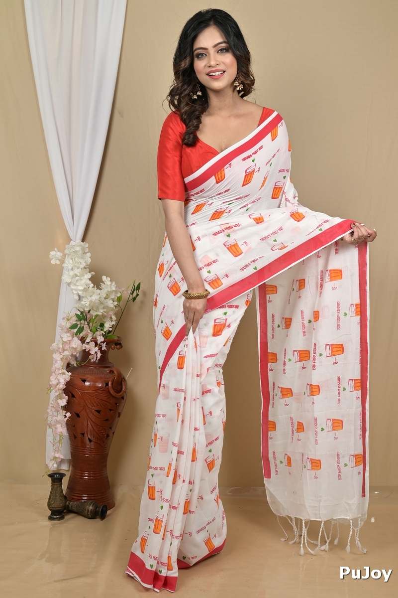White Red Pure Cotton Pinal Printed Handloom Saree (2139)