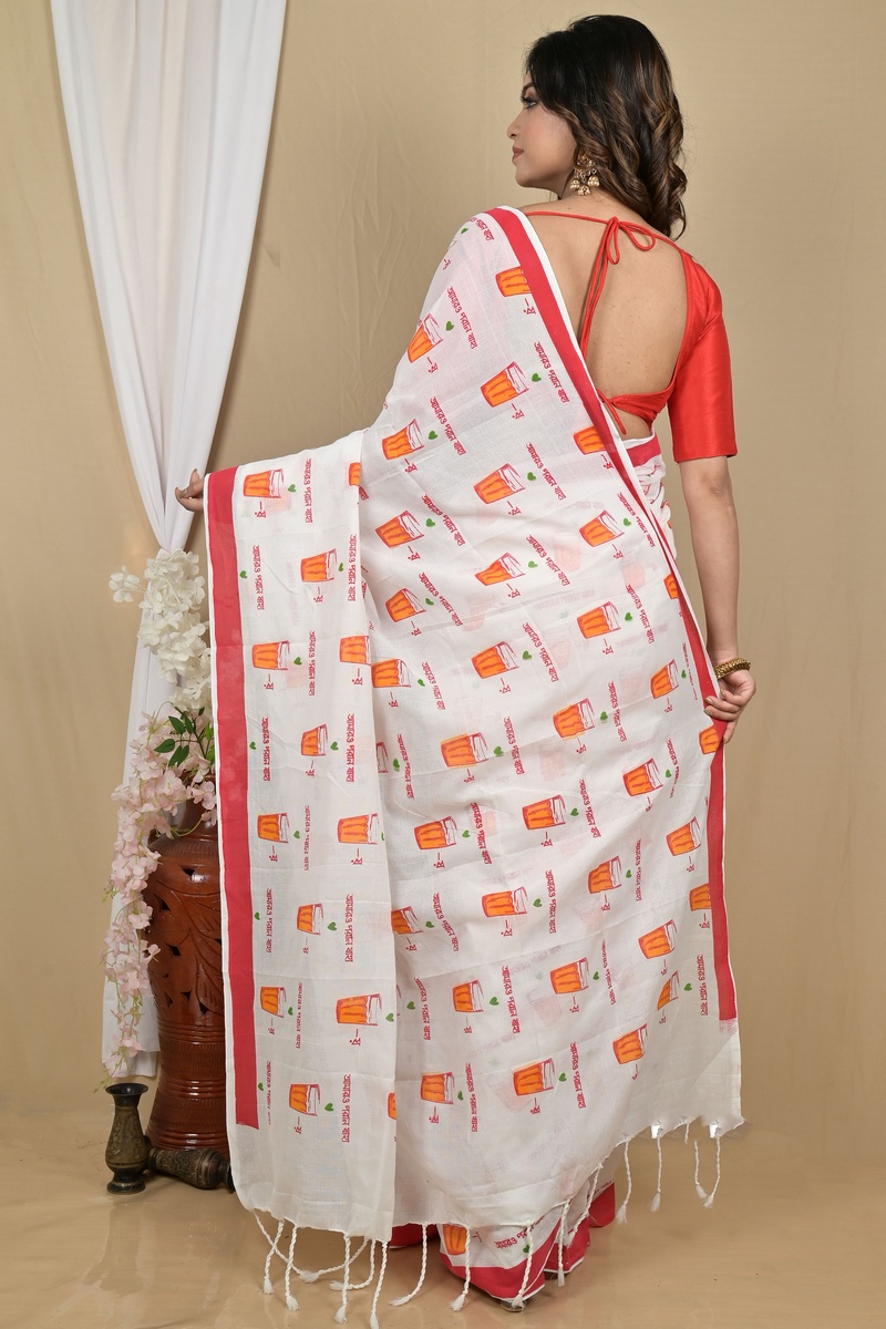 White Red Pure Cotton Pinal Printed Handloom Saree (2139)