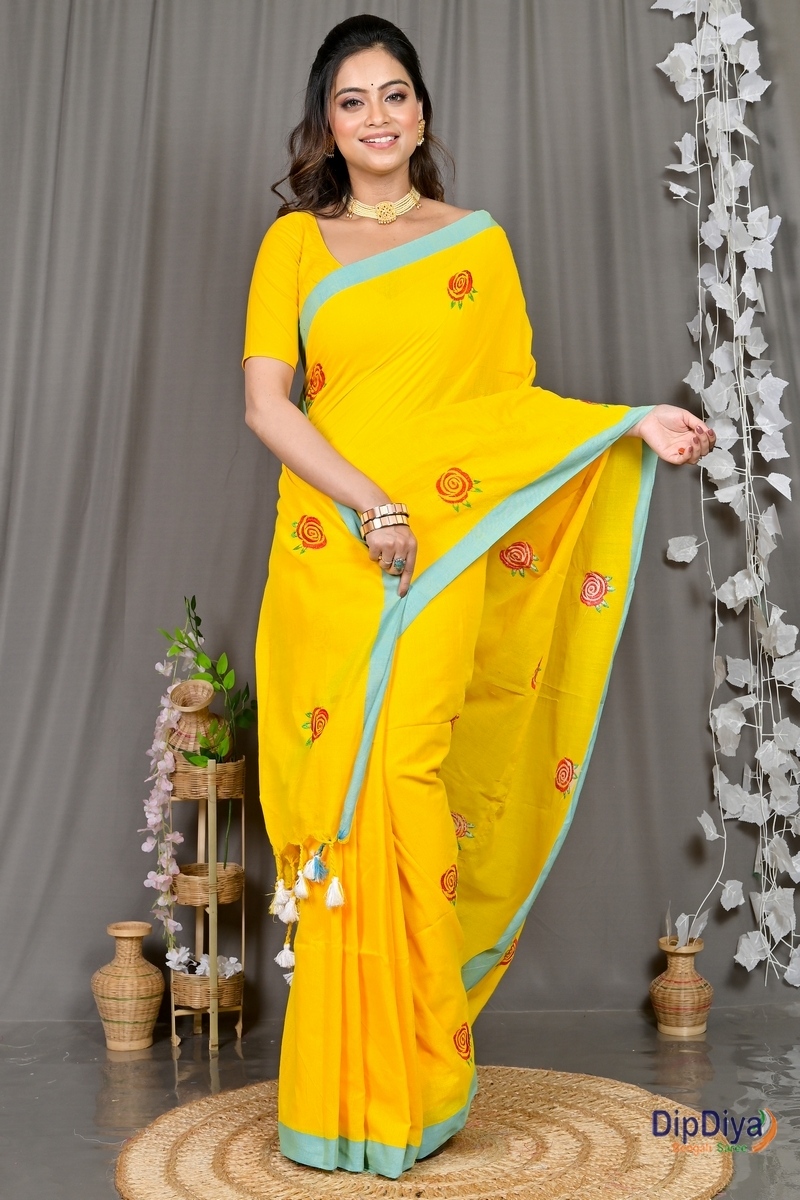 Yellow Pure Cotton Parag Embroidery Handloom saree (214)