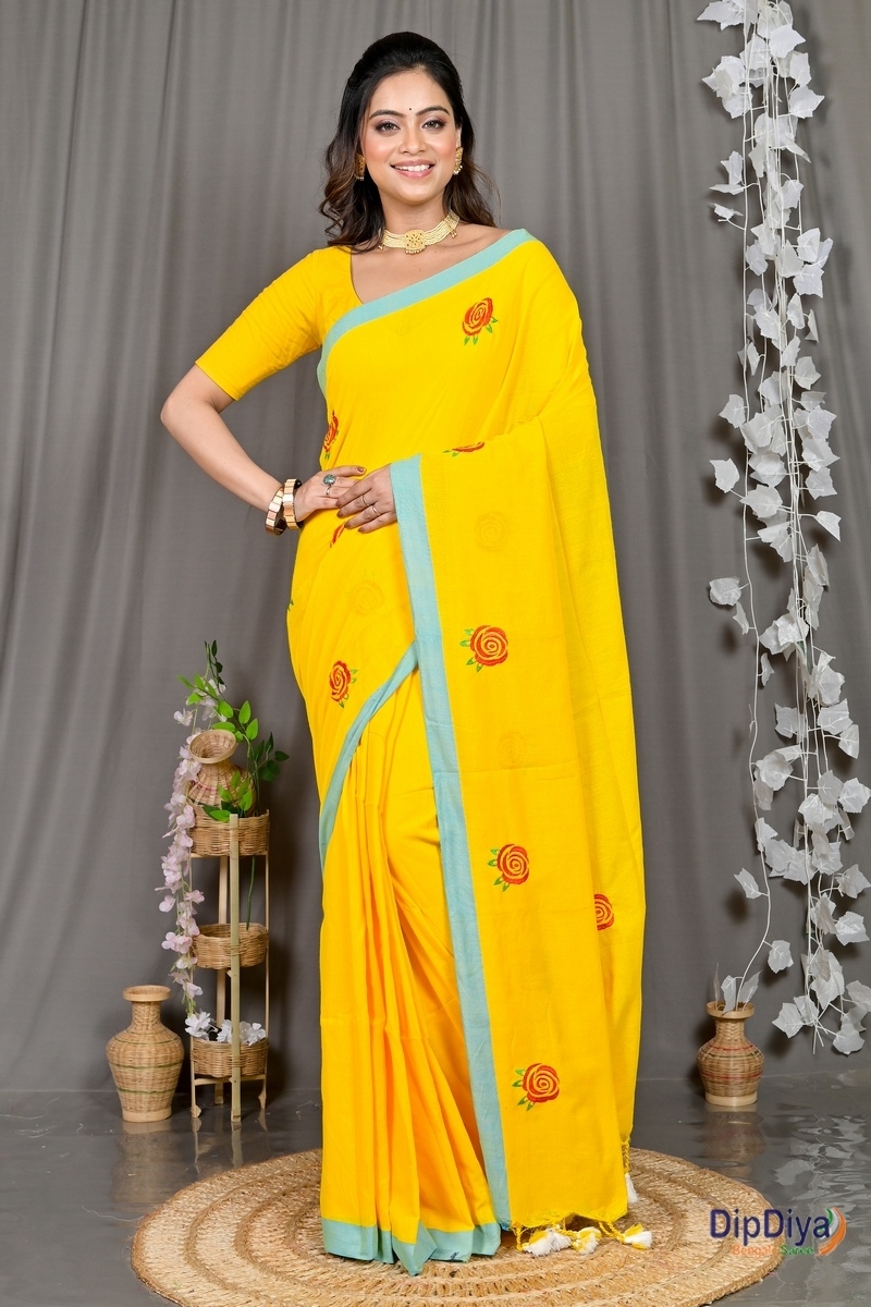 Yellow Pure Cotton Parag Embroidery Handloom saree (214)