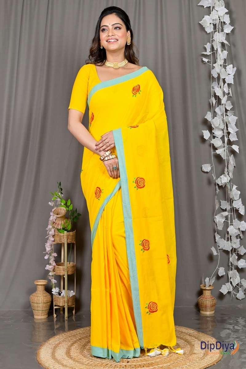 Yellow Pure Cotton Parag Embroidery Handloom saree (214)