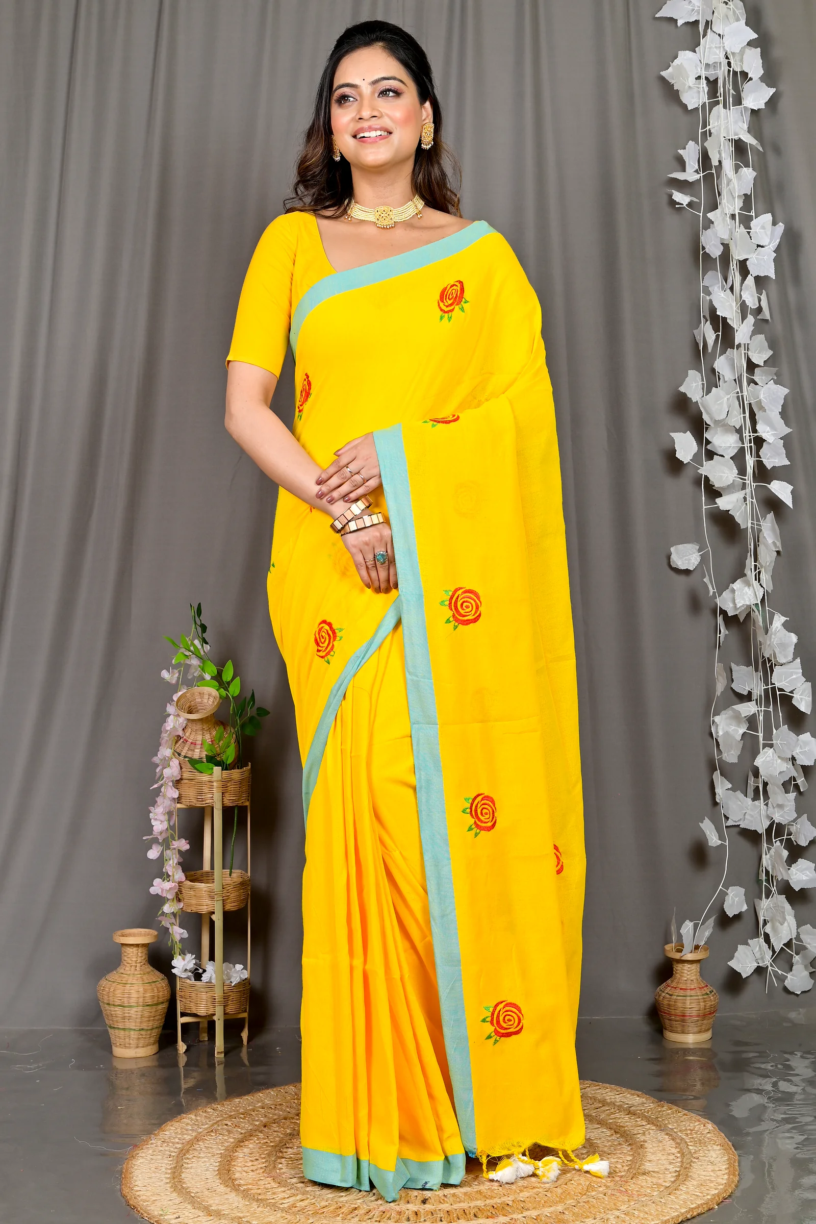 Yellow Pure Cotton Parag Embroidery Handloom saree (214)