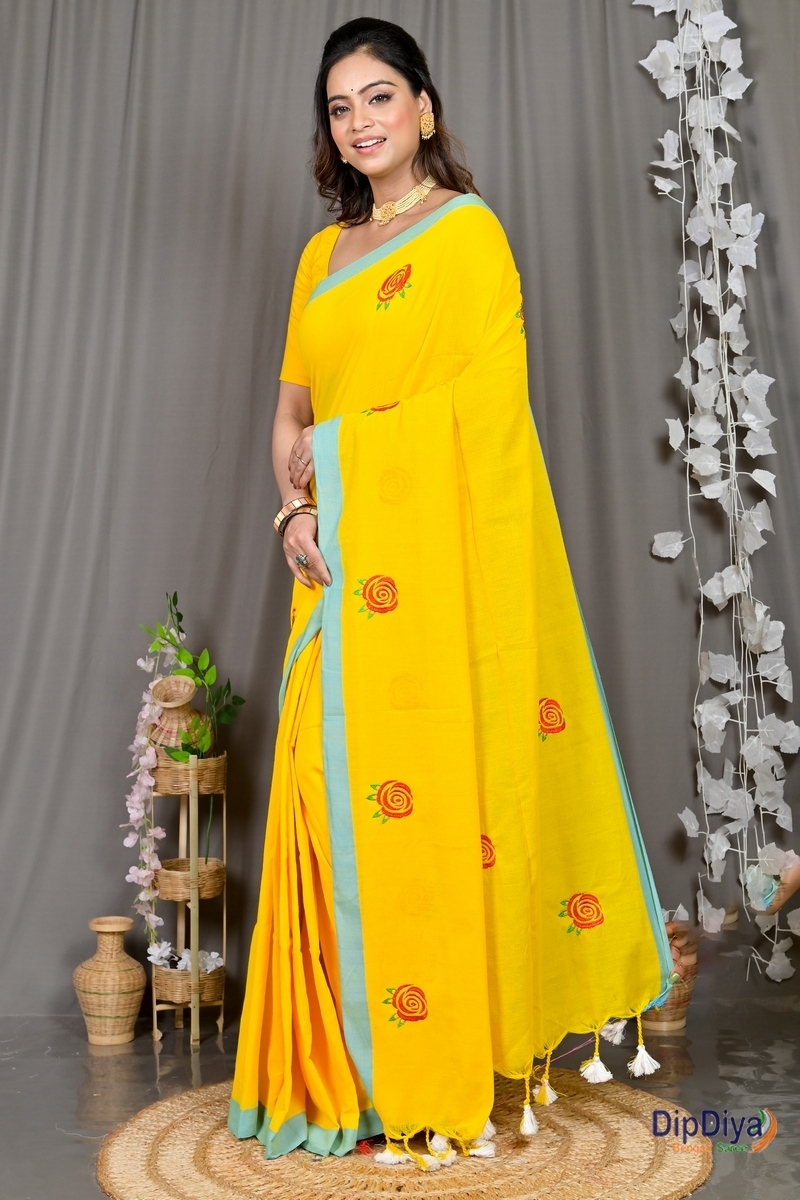 Yellow Pure Cotton Parag Embroidery Handloom saree (214)