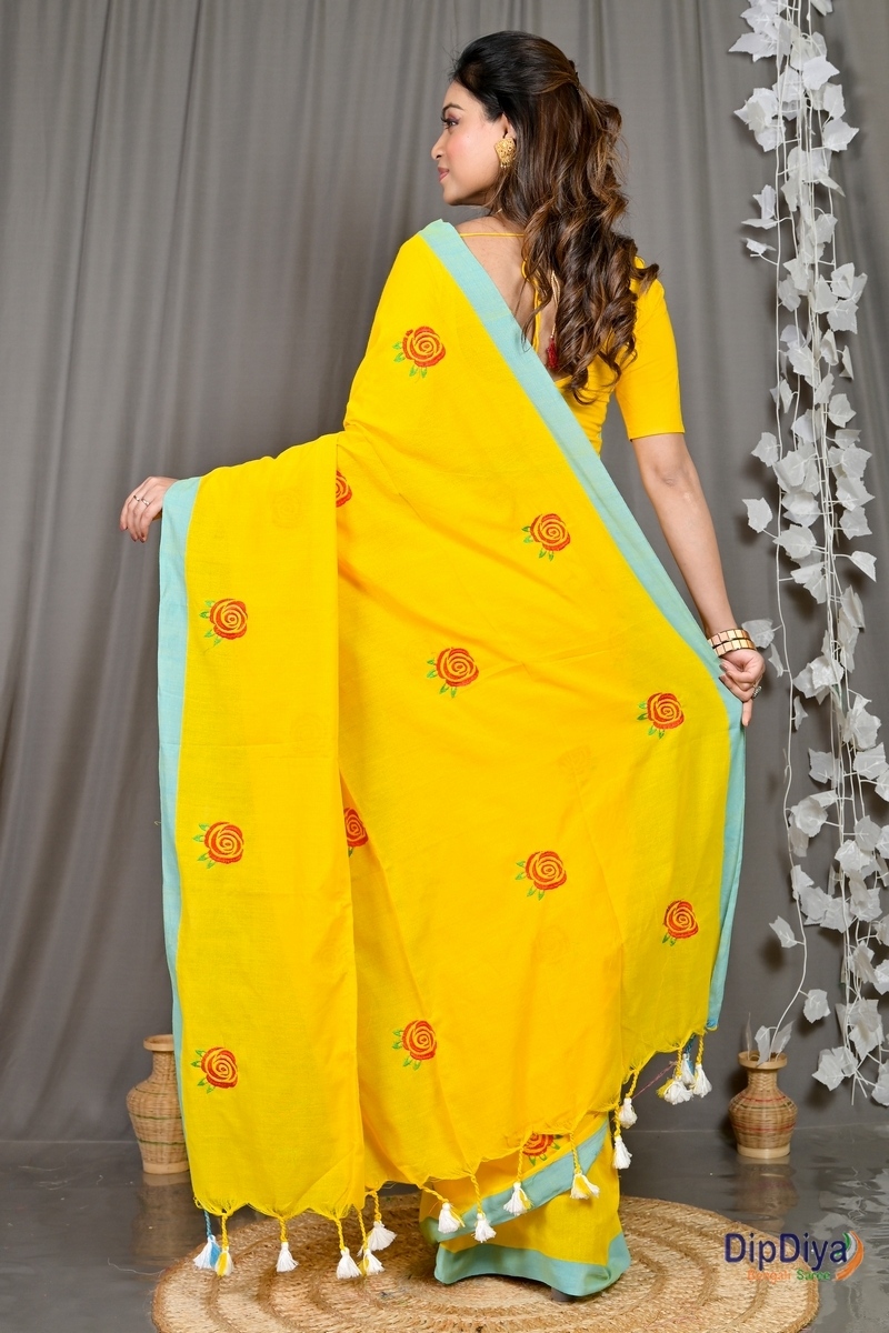 Yellow Pure Cotton Parag Embroidery Handloom saree (214)