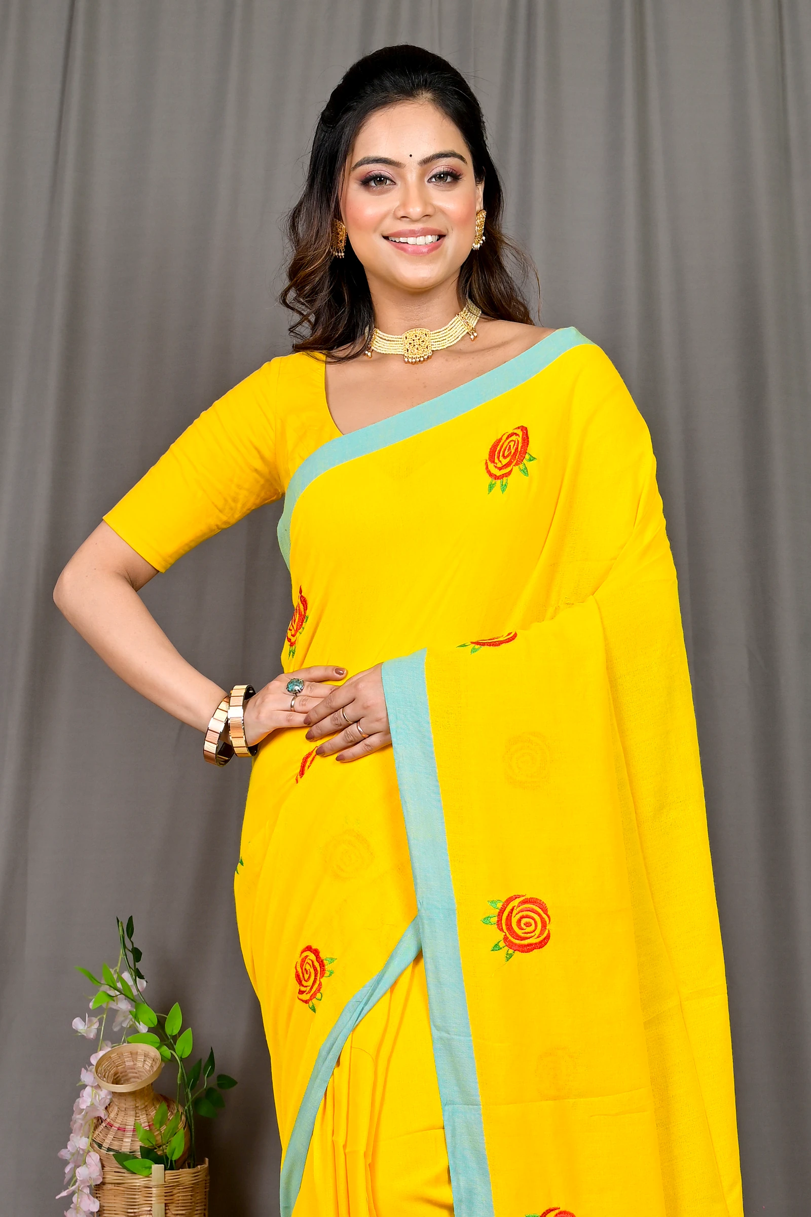 Yellow Pure Cotton Parag Embroidery Handloom saree (214) | PuJoy Fashion