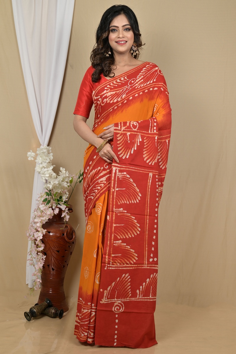 Red Yellow Pure Cotton Pihu Batik Print Saree (2140)