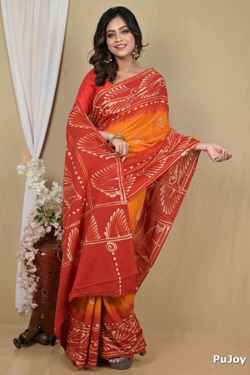 Red Yellow Pure Cotton Pihu Batik Print Saree (2140)