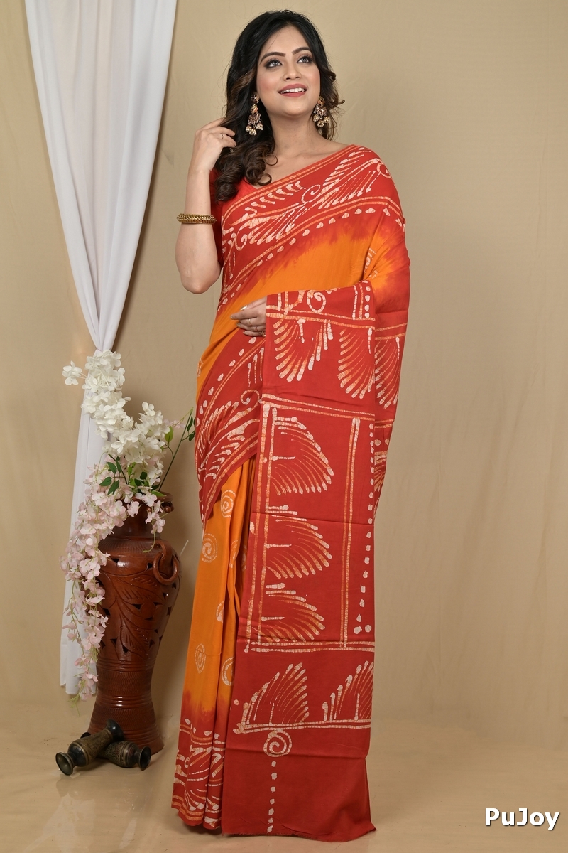 Red Yellow Pure Cotton Pihu Batik Print Saree (2140)