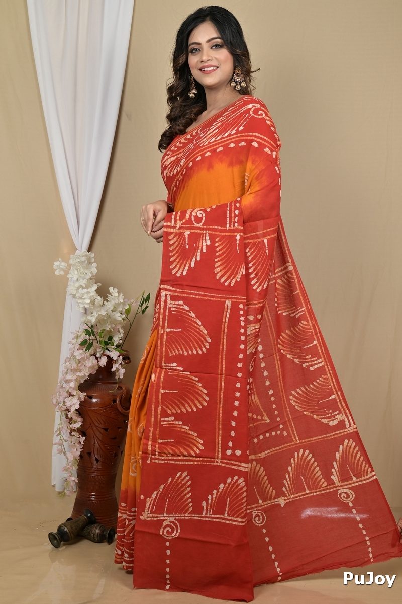 Red Yellow Pure Cotton Pihu Batik Print Saree (2140)