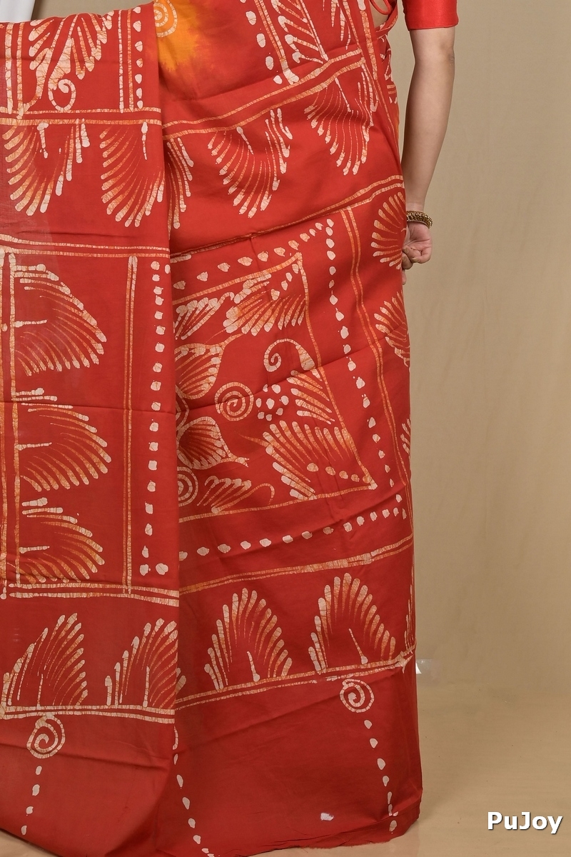 Red Yellow Pure Cotton Pihu Batik Print Saree (2140)