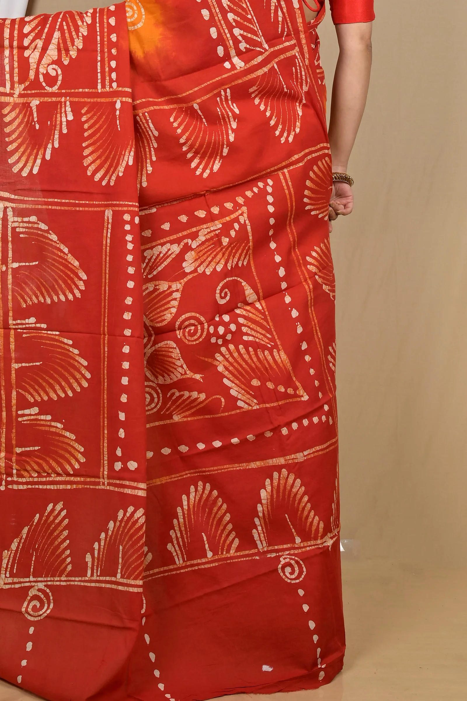 Red Yellow Pure Cotton Pihu Batik Print Saree (2140)