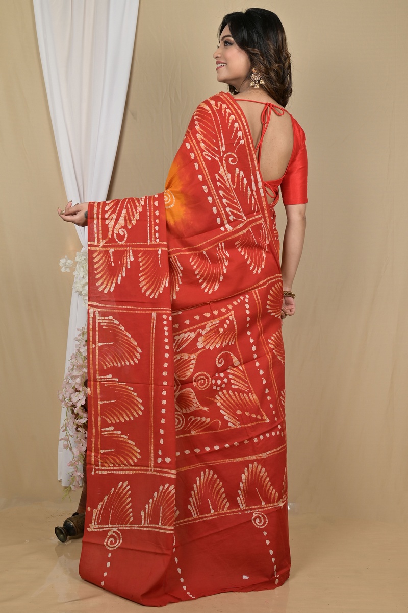 Red Yellow Pure Cotton Pihu Batik Print Saree (2140)