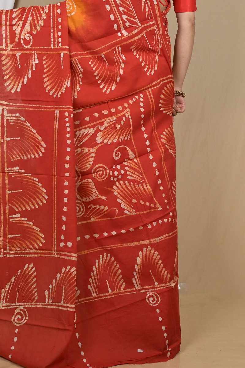 Red Yellow Pure Cotton Pihu Batik Print Saree (2140)